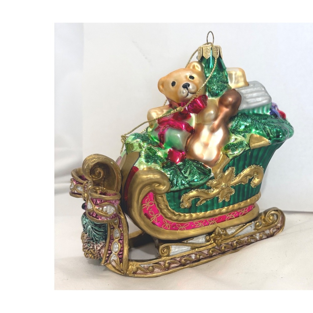 Vintage 1999 Glass Christmas Sleigh Ornament Teddy Bear Toys